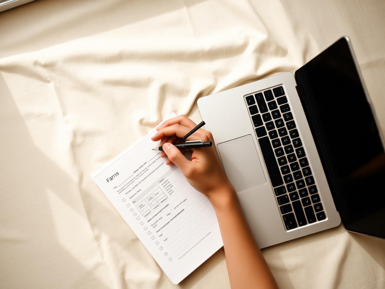 Hands filling in a form beside a laptop in soft morning light